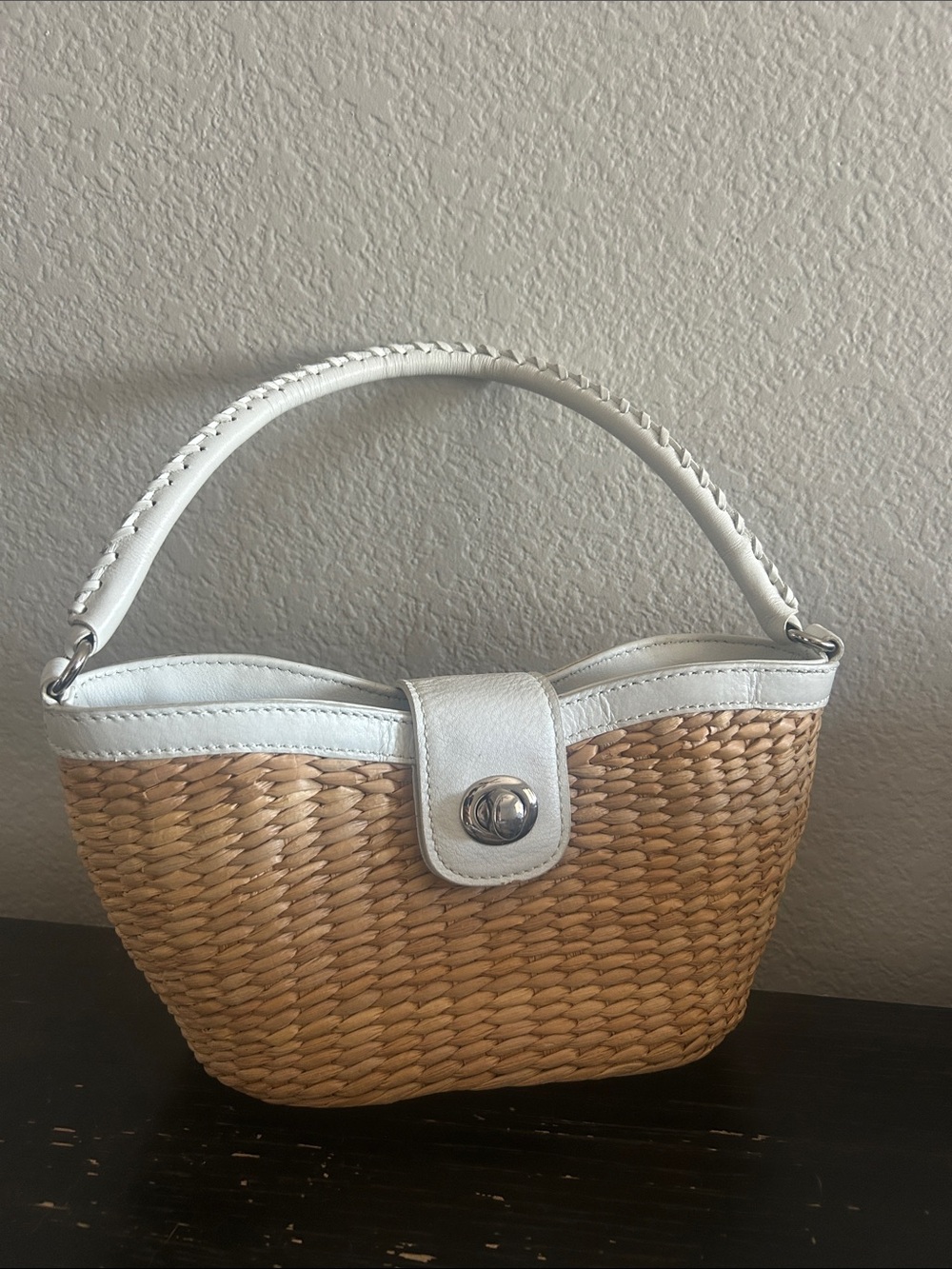 Talbots Straw Shoulder Bag with White Leather Trim and Handle